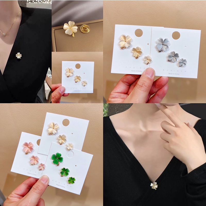 Set 3 Ghim Cài Áo Hình Cỏ Bốn Lá Đính Đá opal 4 Màu Tùy Chọn Thời Trang Cao Cấp