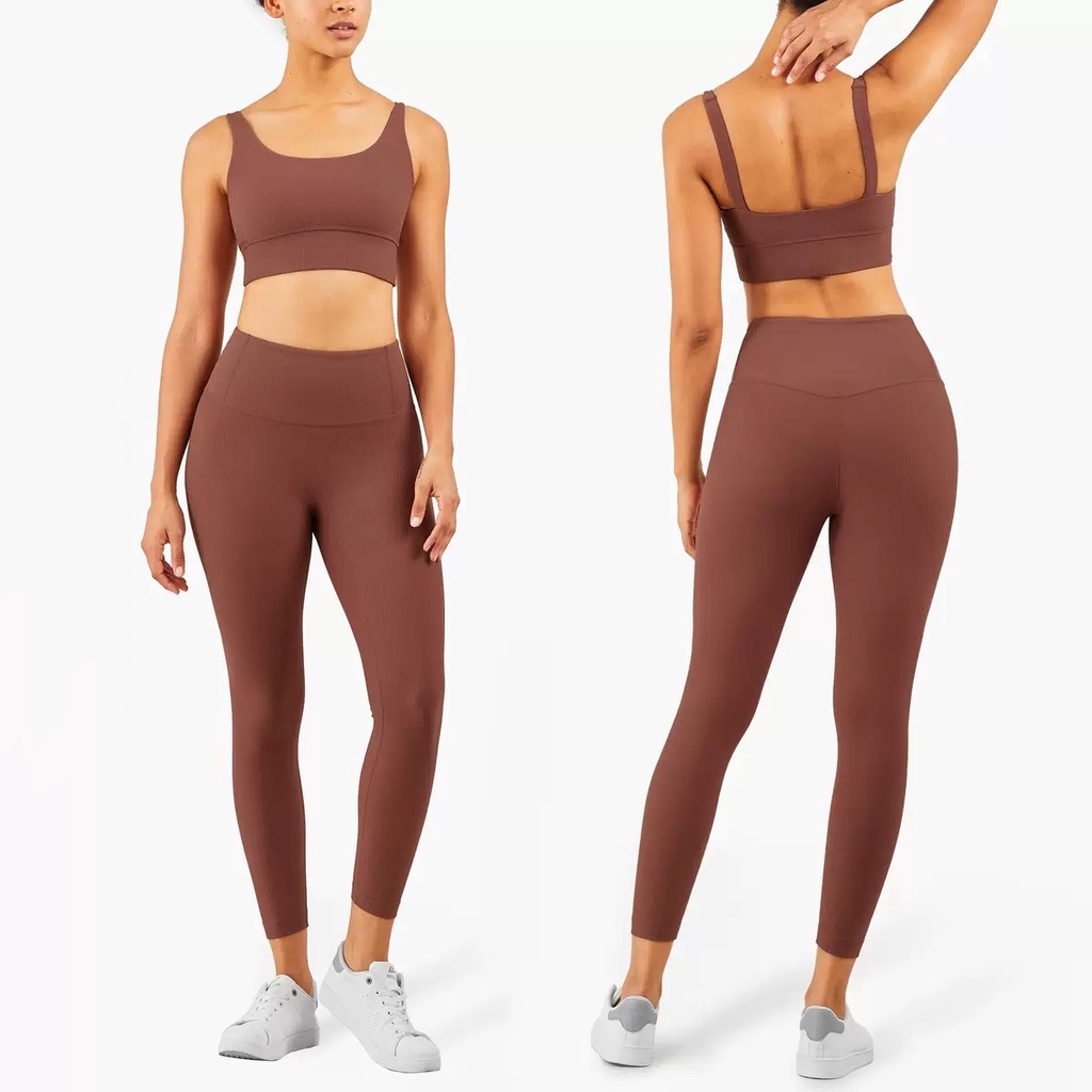 Set trang phục thể thao HOPPE FUMENG áo ngực hai dây và quần legging dài có sọc thời trang dành cho nữ