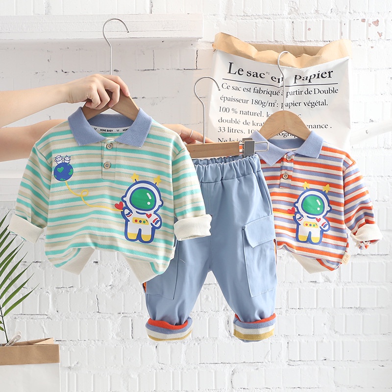Bộ Áo Thun Polo Dài Tay Kẻ Sọc Nhiều Màu + Quần Dài In Hình Phi Hành Gia Dễ Thương Cho Bé Trai 1-5 Tuổi