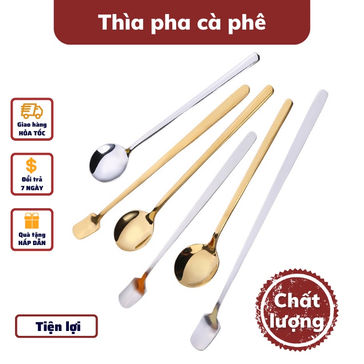 Thìa inox 304 mạ vàng cái dài pha trà muỗng cafe dụng cụ pha cà phê kiểu dáng bắt mắt sang trọng chiều dài 13-15-17cm