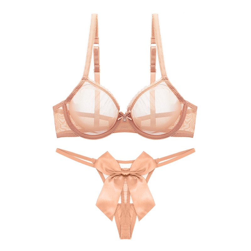 Set áo ngực và quần lót lọt khe VARSBABY vải lưới xuyên thấu đính nơ size lớn thời trang quyến rũ dành cho nữ