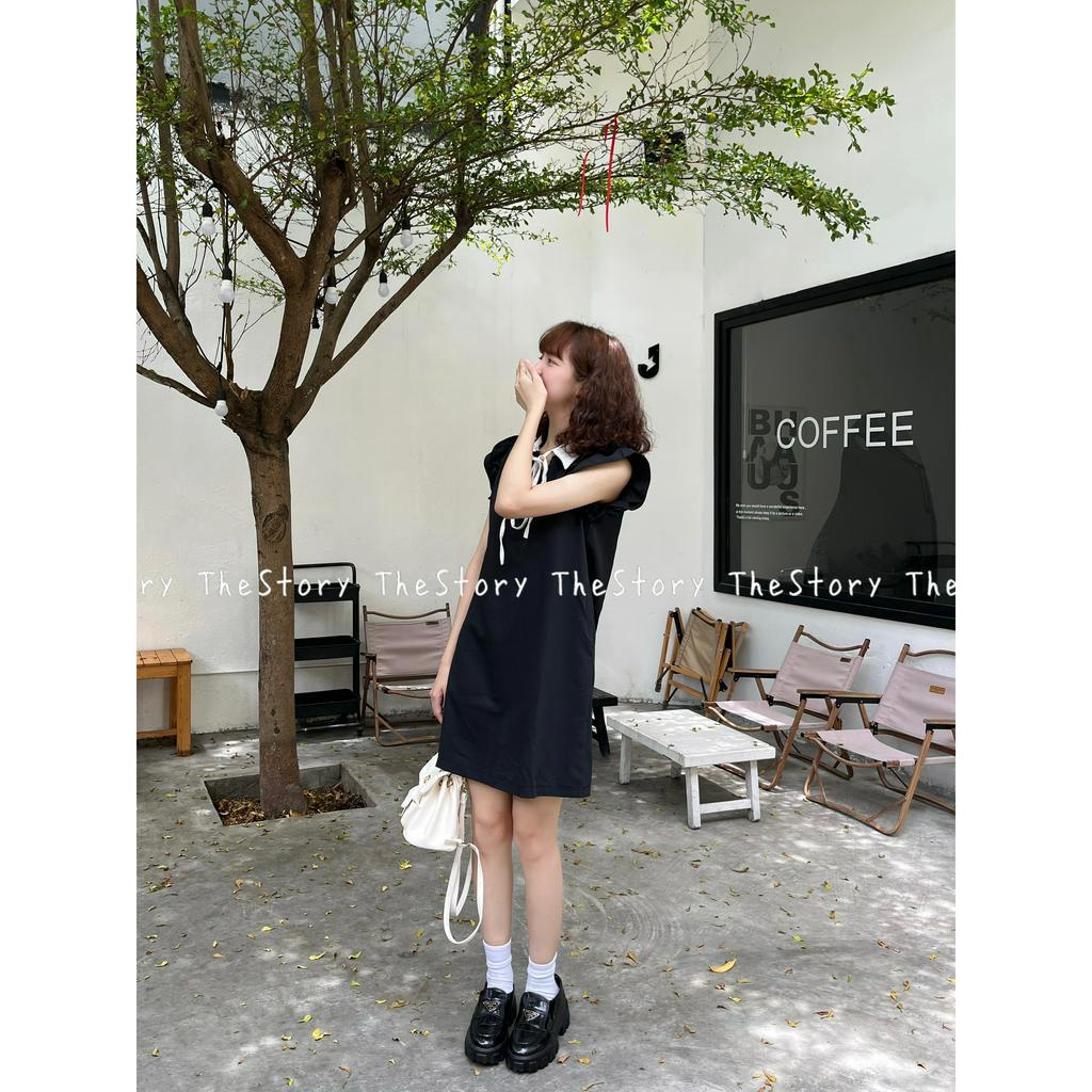 Đầm cổ sơ mi, đầm đen bèo trắng  D1129