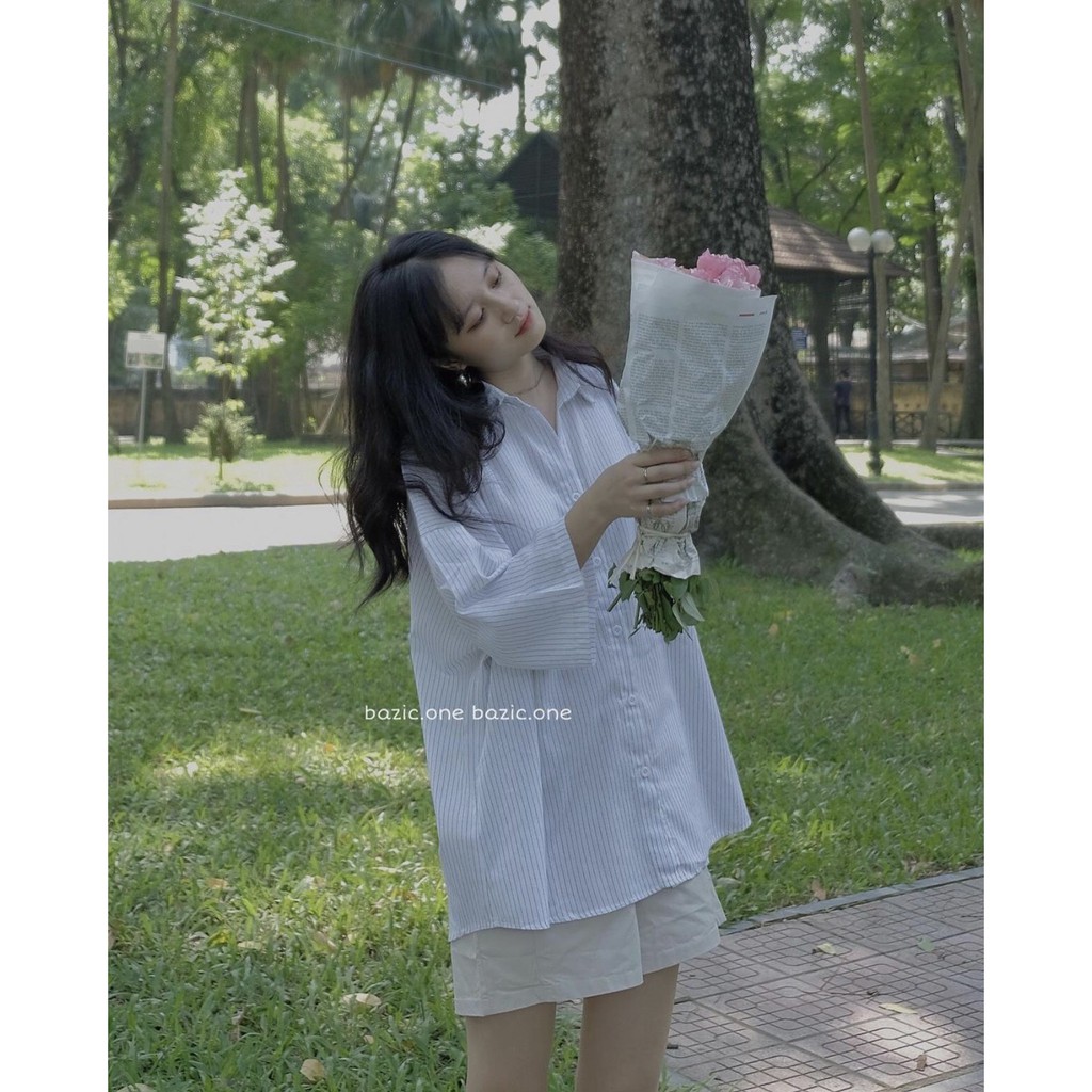 Áo sơ mi kẻ sọc form rộng tay lỡ túi ngực - Áo sơ mi kẻ sọc tay lỡ oversize ulzzang