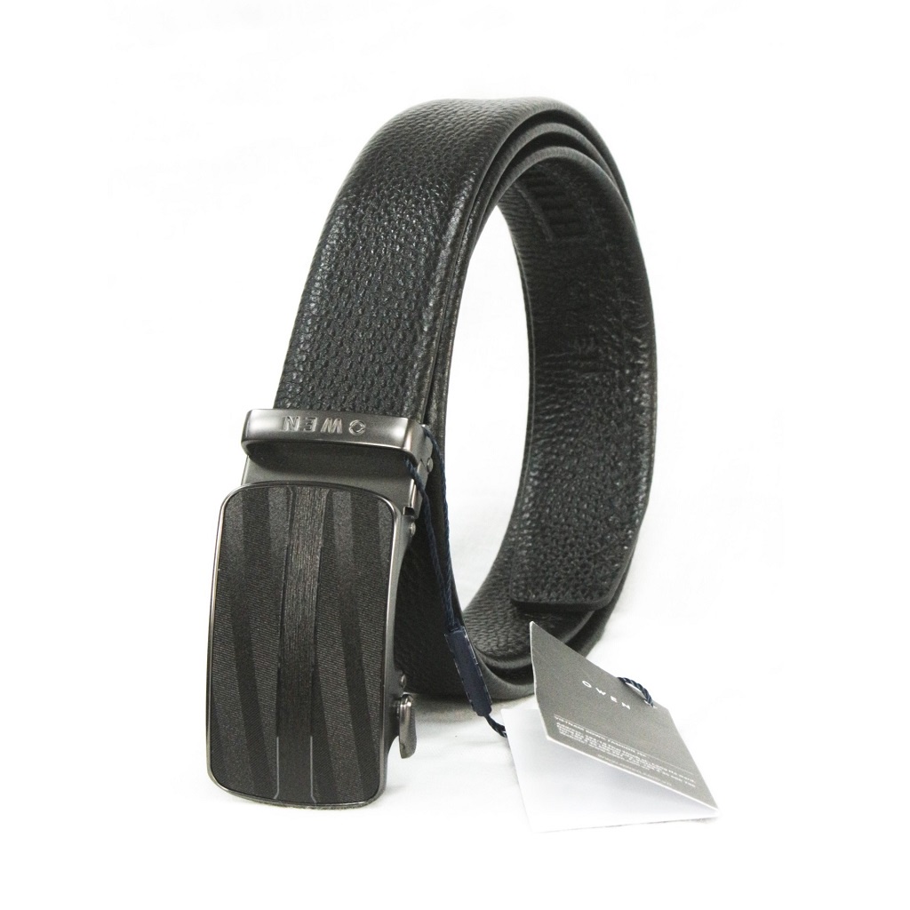 Thắt lưng da bò nam cao cấp OWEN BELT220593 dây nịt da thật màu đen mặt hợp kim đúc nguyên khối khóa trượt tự động