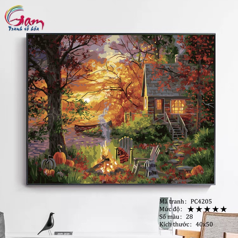 Tranh số hóa phong cảnh ngôi nhà trong rừng có căng khung 40x50cm PC4205