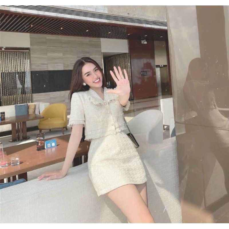 Set dạ tweed nude cúc ngọc sang chảnh, tôn dáng trendy kèm ảnh thật MS803