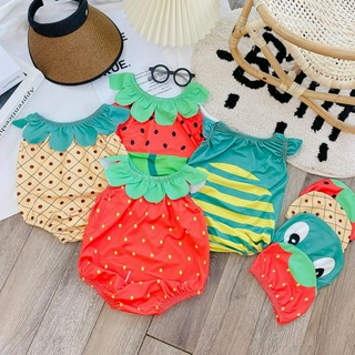 Bộ bơi cho bé, đồ bơi liền thân hoa quả ngộ nghĩnh : dưa hấu, dâu tây, dứa, dưa vàng kèm mũ