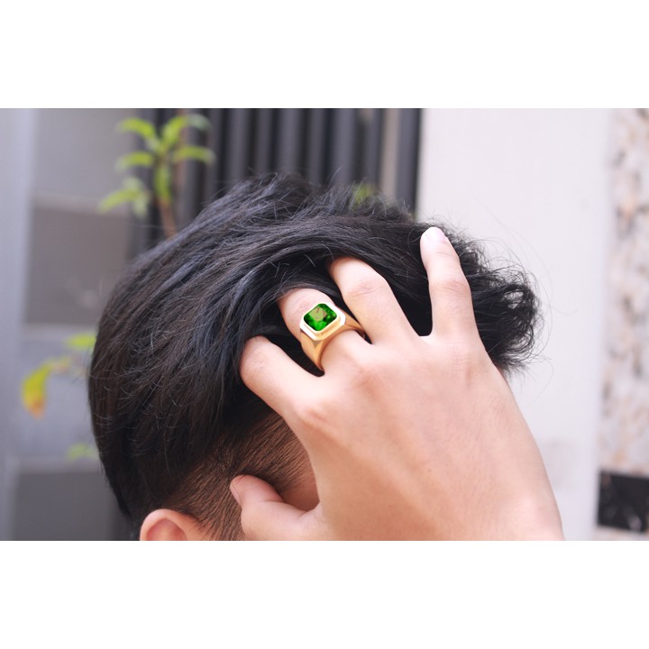 NHẪN NAM INOX MẠ VÀNG TRƠN ĐÁ XANH LÁ siêu đẹp - tặng hộp đựng nhẫn xinh xắn