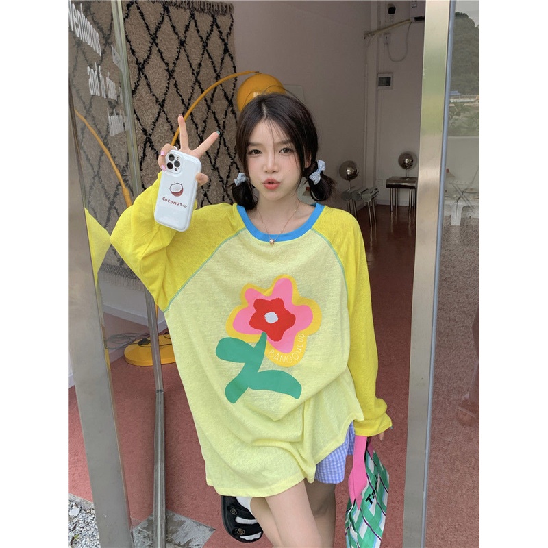 Jiashucheng Áo Thun Tay Dài Chống Nắng Dáng Rộng In Họa Tiết Màu Sắc Retro