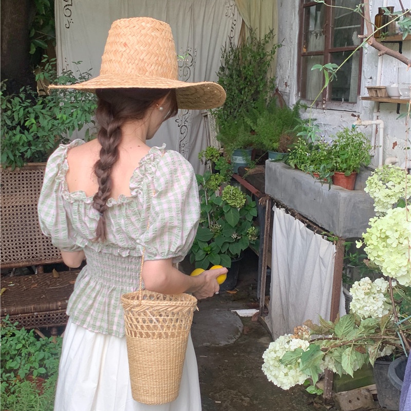 SUXI Áo Sơ Mi Tay Ngắn Dáng Ôm Kẻ Sọc Ca Rô Kiểu Vintage Hàn Quốc Dễ Phối Đồ