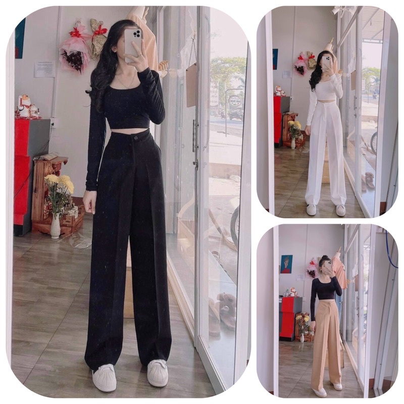Quần Ống Rộng Suông lưng cao khóa trước 1 khuy chất tuyết mưa khuy giữa quần culottes ống xuông cạp cao cho nữ