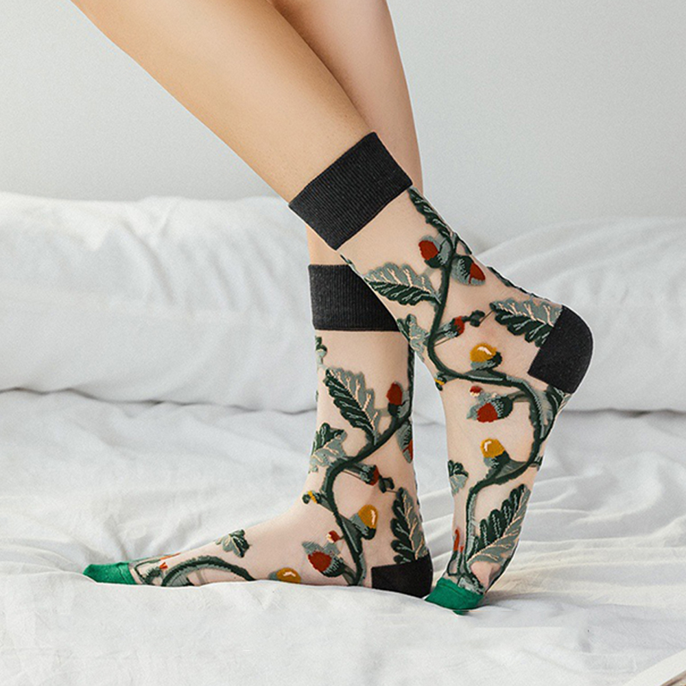 Tất lưới sợi lụa thủy tinh thêu họa tiết hoa phong cách mùa xuân