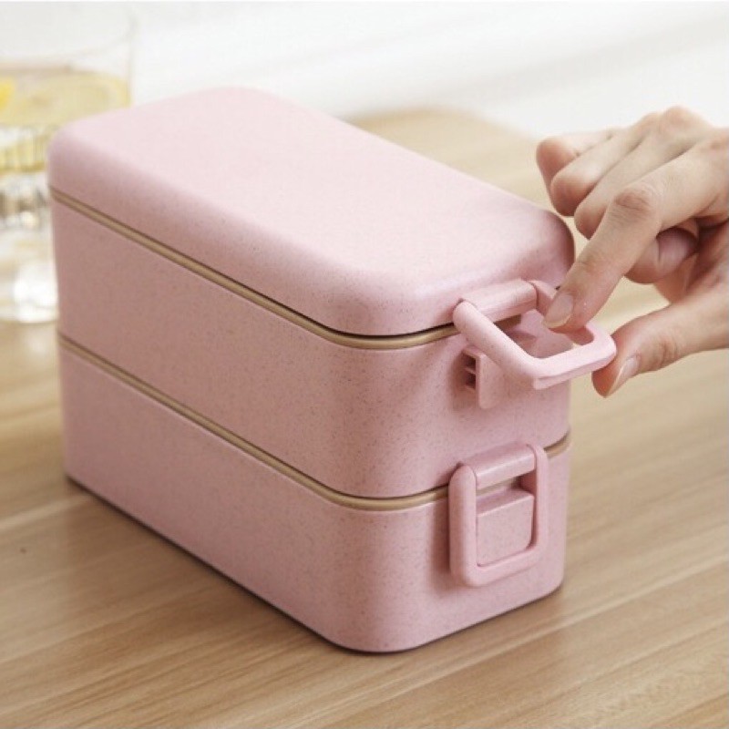 Hộp Cơm Lúa Mạch 2 Tầng Kem Muỗng Nĩa 800ml