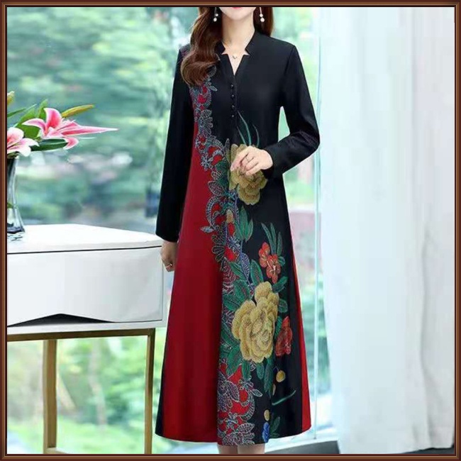 Đầm Dài Qua Gối Cổ Chữ V Tay Dài In Họa Tiết Hoa Phong Cách Cổ Điển Dành Cho Nữ