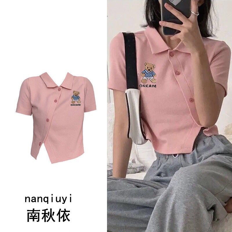 áo polo Tay Ngắn Màu Hồng Thêu Hoạ Tiết Gấu Có Size S-Xl