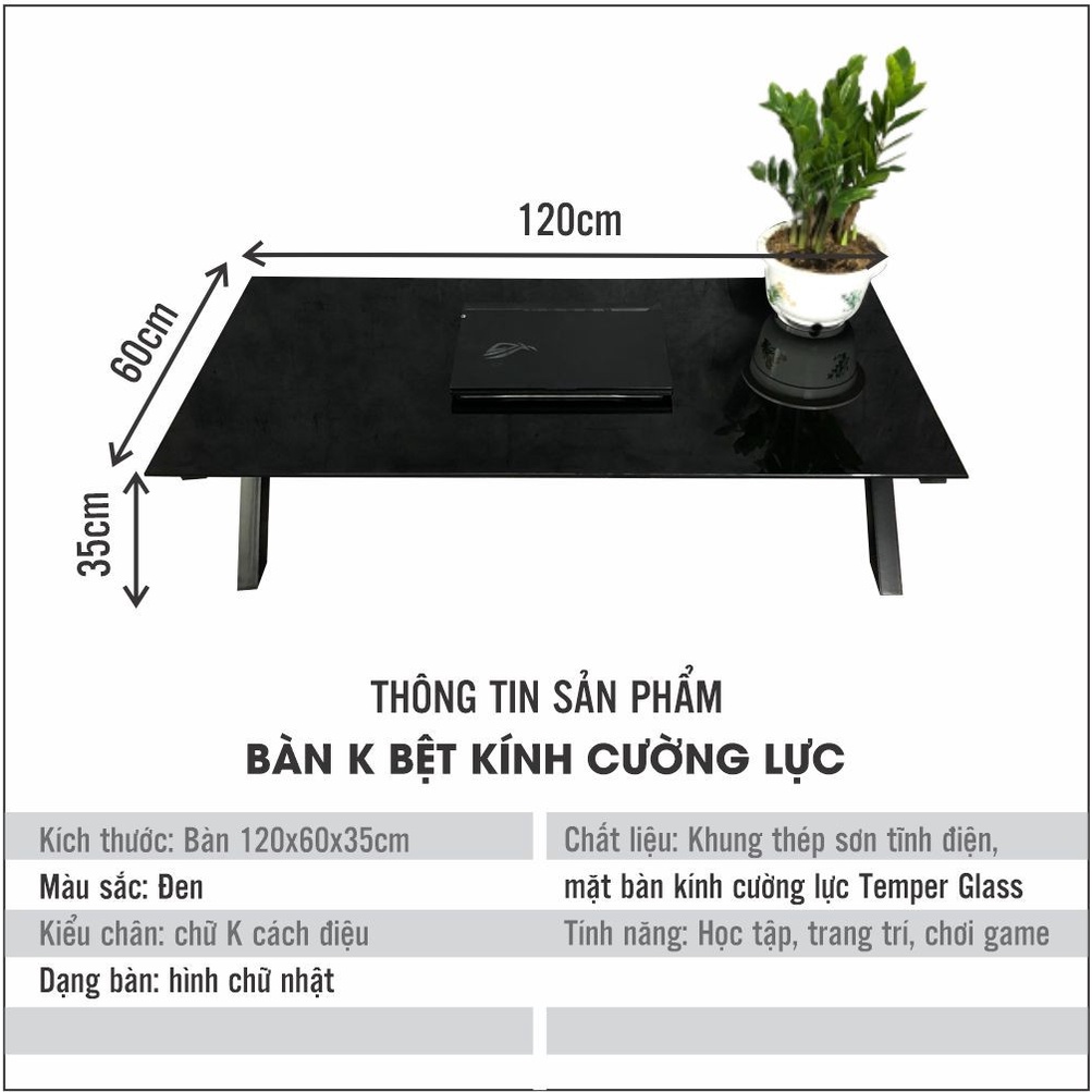 Bàn Làm Việc Ngồi Bệt 120x60x35 Cm Mặt Kính Cương Lực 8 Li Khung Chân Gấp Gọn