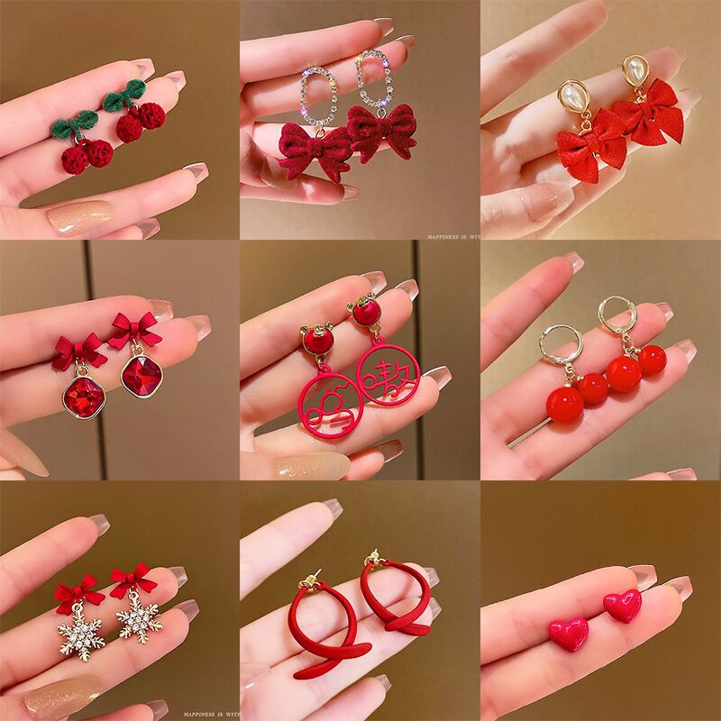 Bông Tai Hình Chiếc Nơ Màu Đỏ Phong Cách Retro Thời Trang Cho Nữ