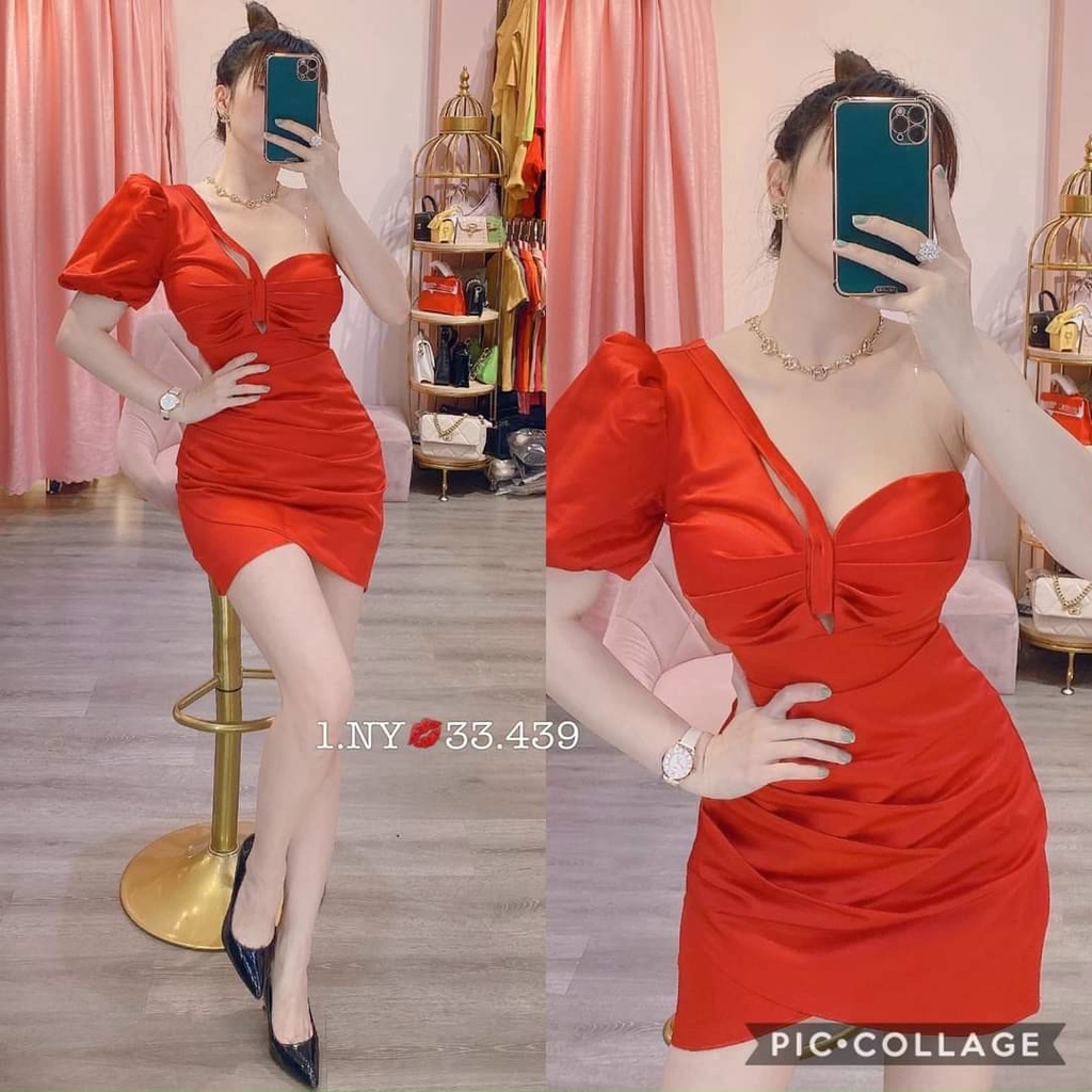 Đầm váy nữ lệch vai (có mút ngực) eo xếp ly from dáng ôm body sang chảnh thời trang nữ cho quý cô dự tiệc siêu xinh