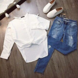 Sơ mi cut out rớt vai dễ thương [CÓ SẴN]