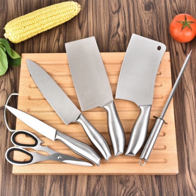 Bộ dao kéo Nhật inox 6 món đúc nguyên khối cao cấp sử dụng cho nhà bếp, kháng khuẩn tốt - tặng kèm bộ để dao thớt  A18