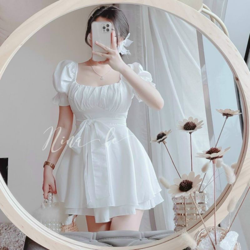 Đầm Trắng Xếp Ly Ngực Thắt Nơ Lưng Siêu Xinh