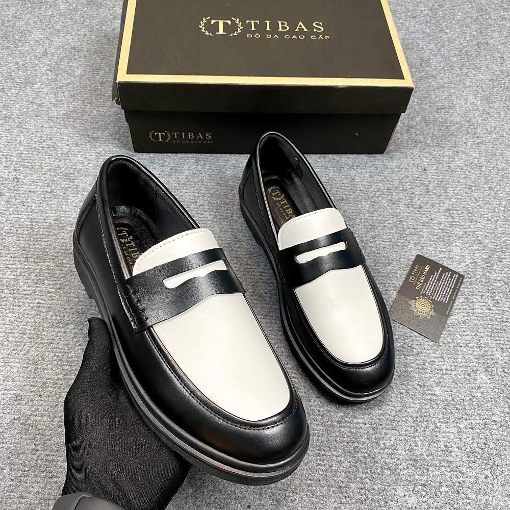 Giày Penny Loafer Black White Da Xít Cao Cấp TIBAS, Giày Lười Sơn Tùng Hot Trend