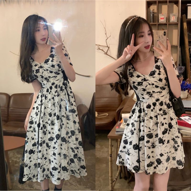 Váy hoa nhí xoè dáng dài và ngắn đen trắng eo buộc dây