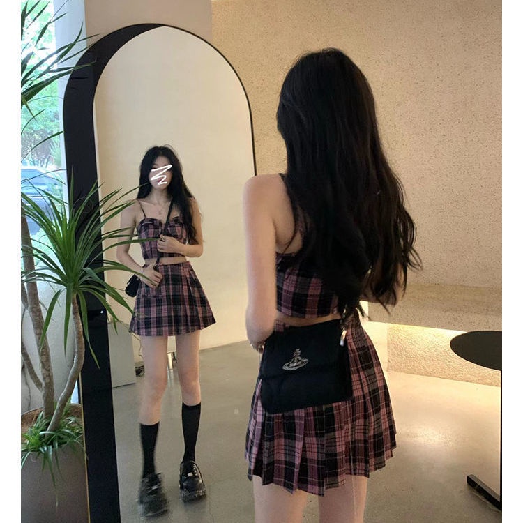 Jiashucheng Set Áo Hai Dây Phối Chân Váy Sọc Ca Rô Thời Trang Trẻ Trung Cho Nữ