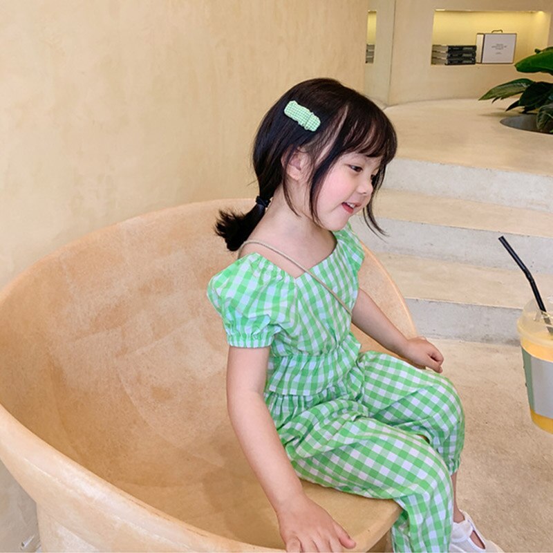 Bộ Áo Thun Cổ Vuông + Quần Dài Sọc Ca Rô Xanh Lá Thời Trang Mùa Hè Xinh Xắn Cho Bé Gái 2-6 Tuổi