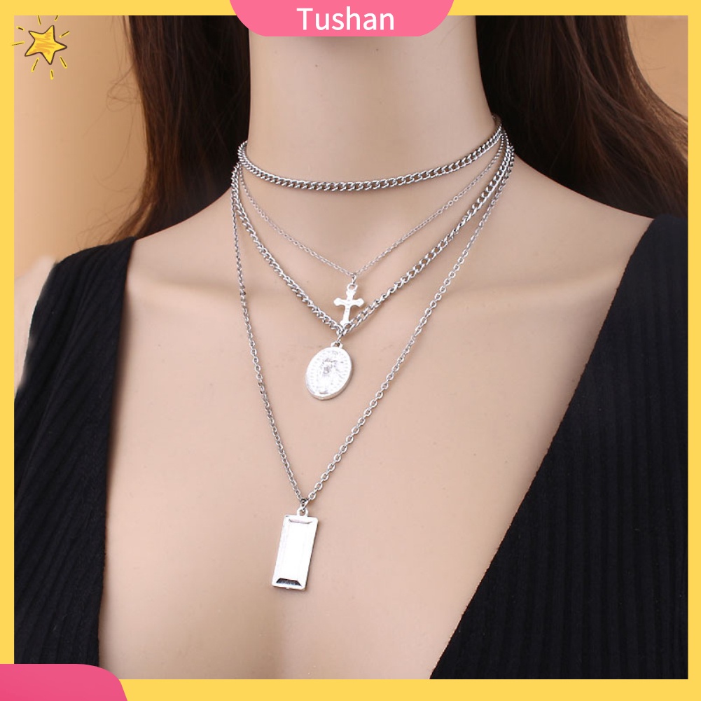 Vòng cổ choker mặt chữ thập nhiều lớp phong cách retro