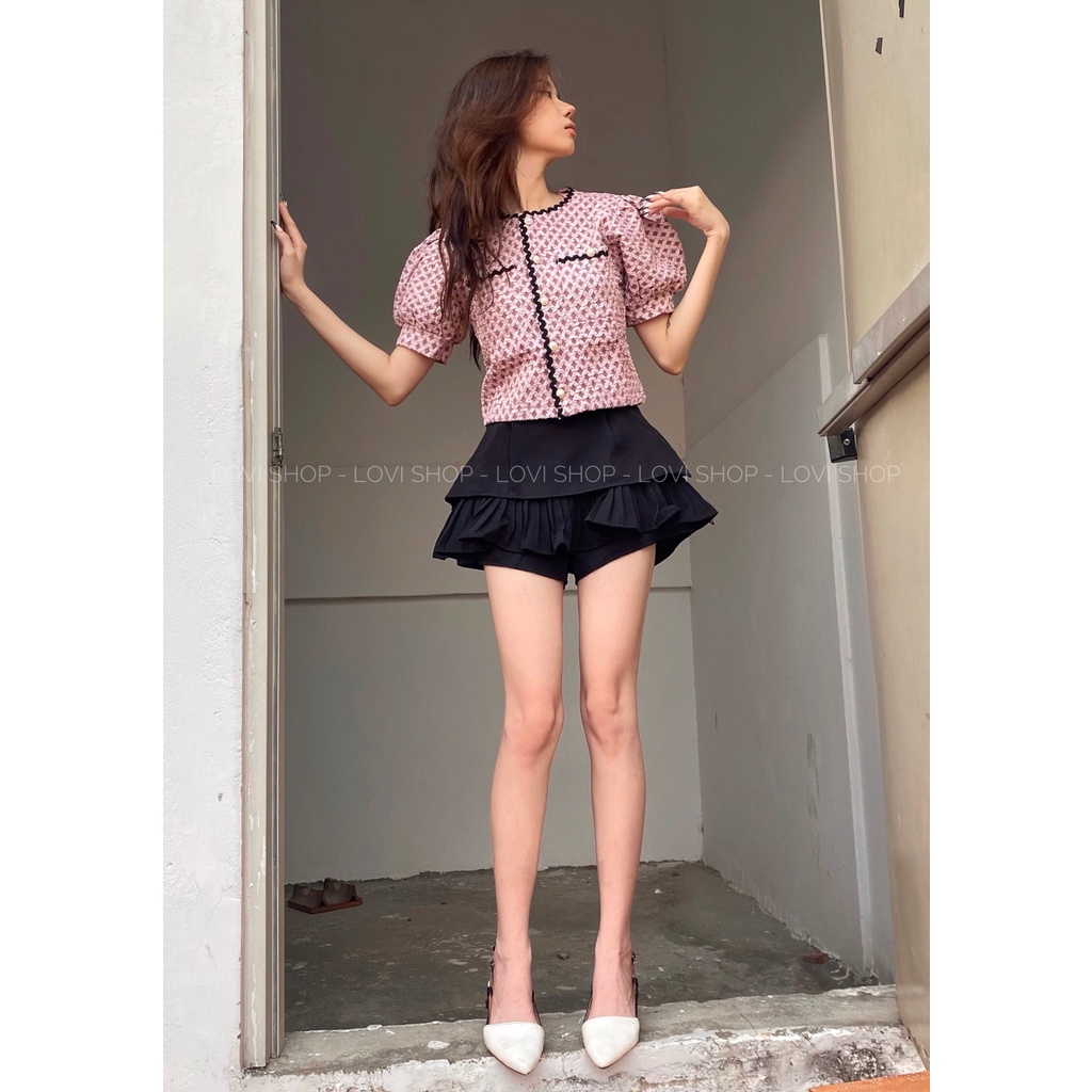 Áo xốp sơ mi viền cổ tròn tay phồng Lovi