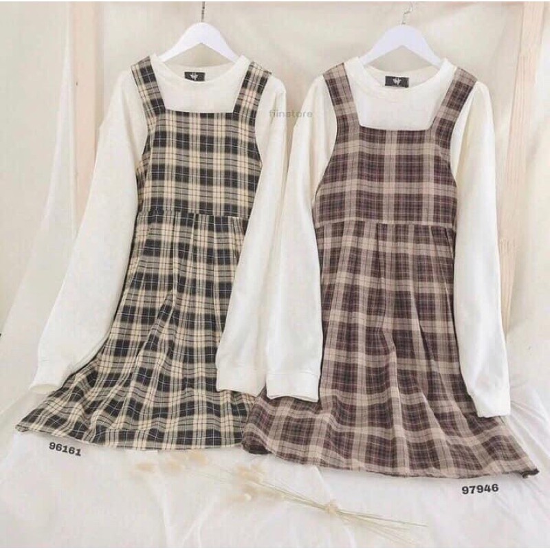 [Mã SKAMFSW175 giảm 10K đơn 50K] [SIÊU HOT Set Váy Yếm BaByDoll Kẻ 🦋 Bộ Váy Yếm Kèm Áo Thun Tay Bồng Dài Tay 2 Màu 🦋