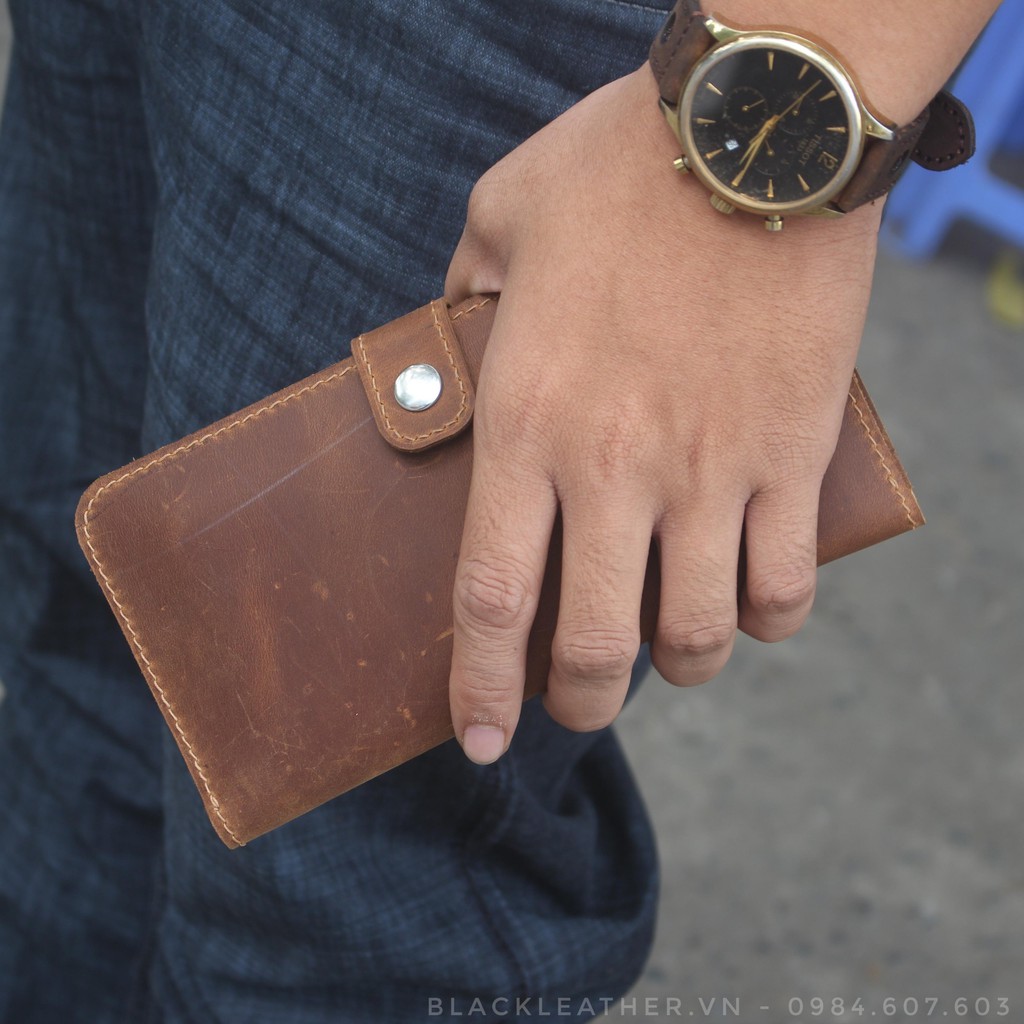 Ví dài da bò sáp  Handmade Tặng Kèm Móc khóa da