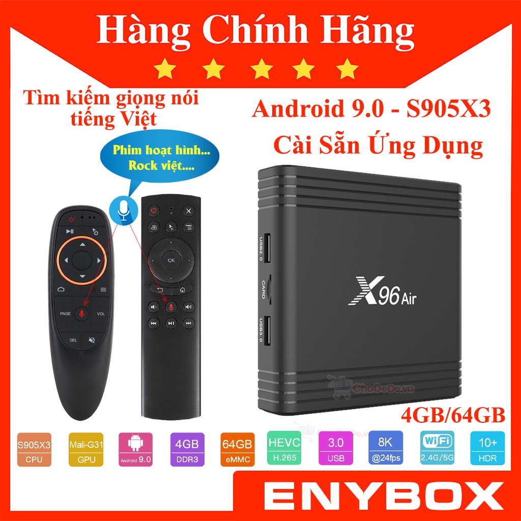 ENYBOX X96 Air 4GB/64GB S905X3 Android TV Box Cấu Hình Khủng Giá Rẻ Tìm Kiếm Giọng Nói Tiếng Việt