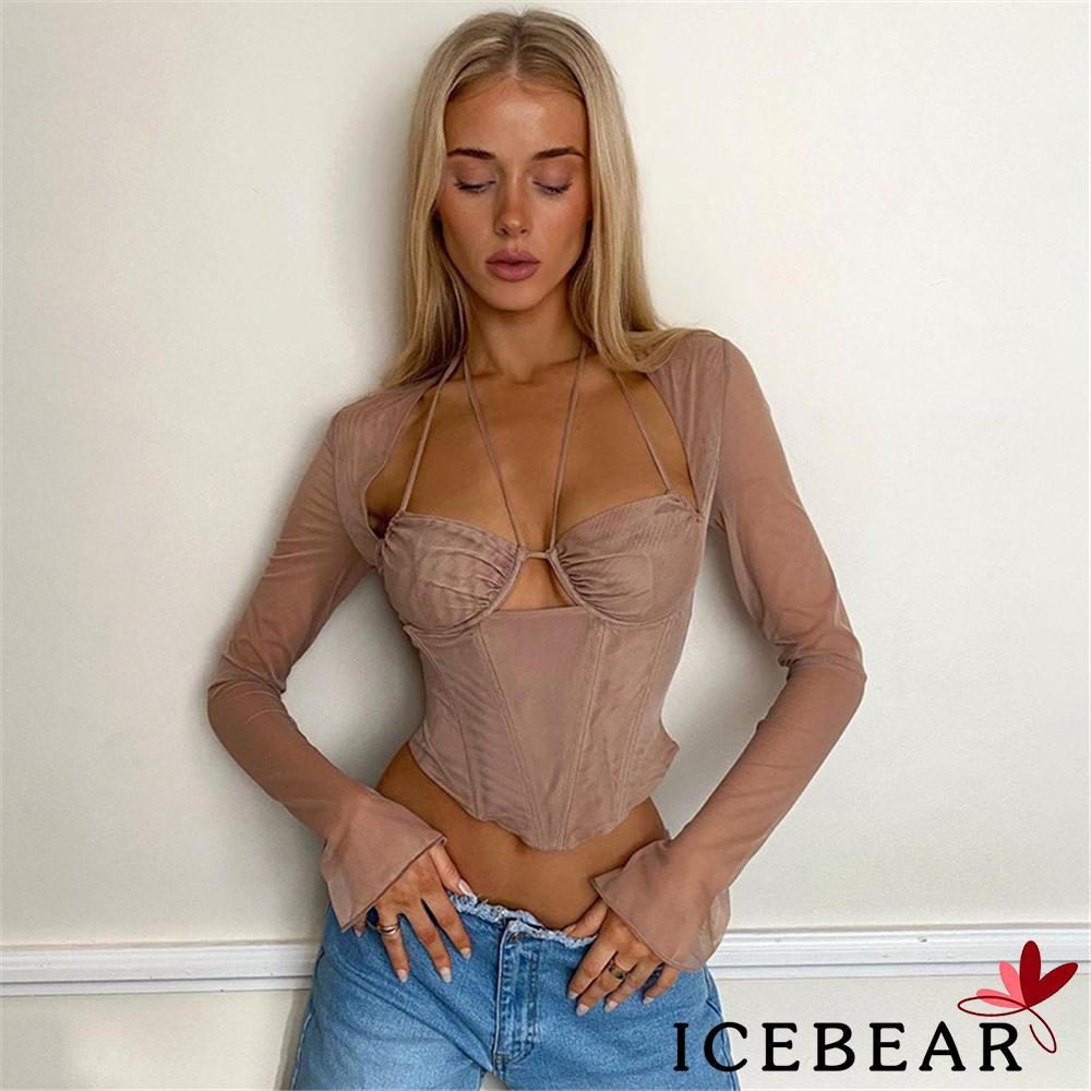 Áo Croptop Tay Dài Phối Lưới Nhiều Dây Cổ Khoét Sâu Màu Sắc Thời Trang Cho Nữ