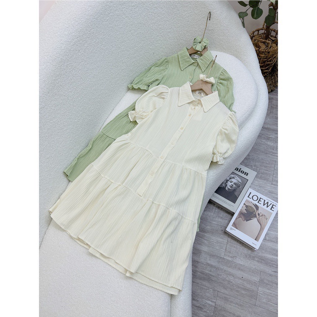 Đầm Babydoll Gân Dọc 2 Tầng Cổ Sơ mi Váy Nữ Baybydoll Sơ Mi