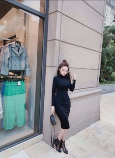   Annastore  Váy  nữ đầm cổ lọ dài tay dáng dài  trắng đen ghi  váy nữ đầm body sang chảnh 