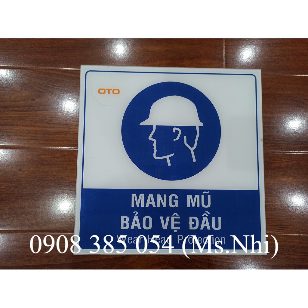 Biển báo chất liệu mica nội dung nhắc nhở mang mũ bảo hộ bảo vệ đầu- KT30x30- Hình thật