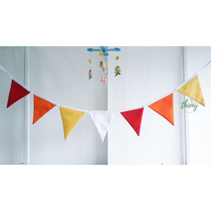 Dây cờ tam giác vải kaki cotton xịn may đẹp, dài  2,2m, Dây cờ trang trí Decor Sinh nhật - cờ màu đỏ cam vàng