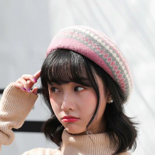 Nón nồi nữ, mũ nồi beret thổ cẩm, nón len kẻ sọc cao cấp