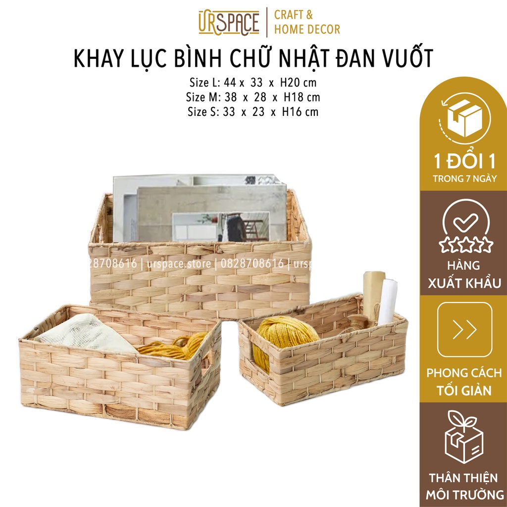 Sọt cói bèo chữ nhật đa năng đựng đồ, sách báo, trang trí decor/ Hand-woven water hyacinth rectangle storage decor baske