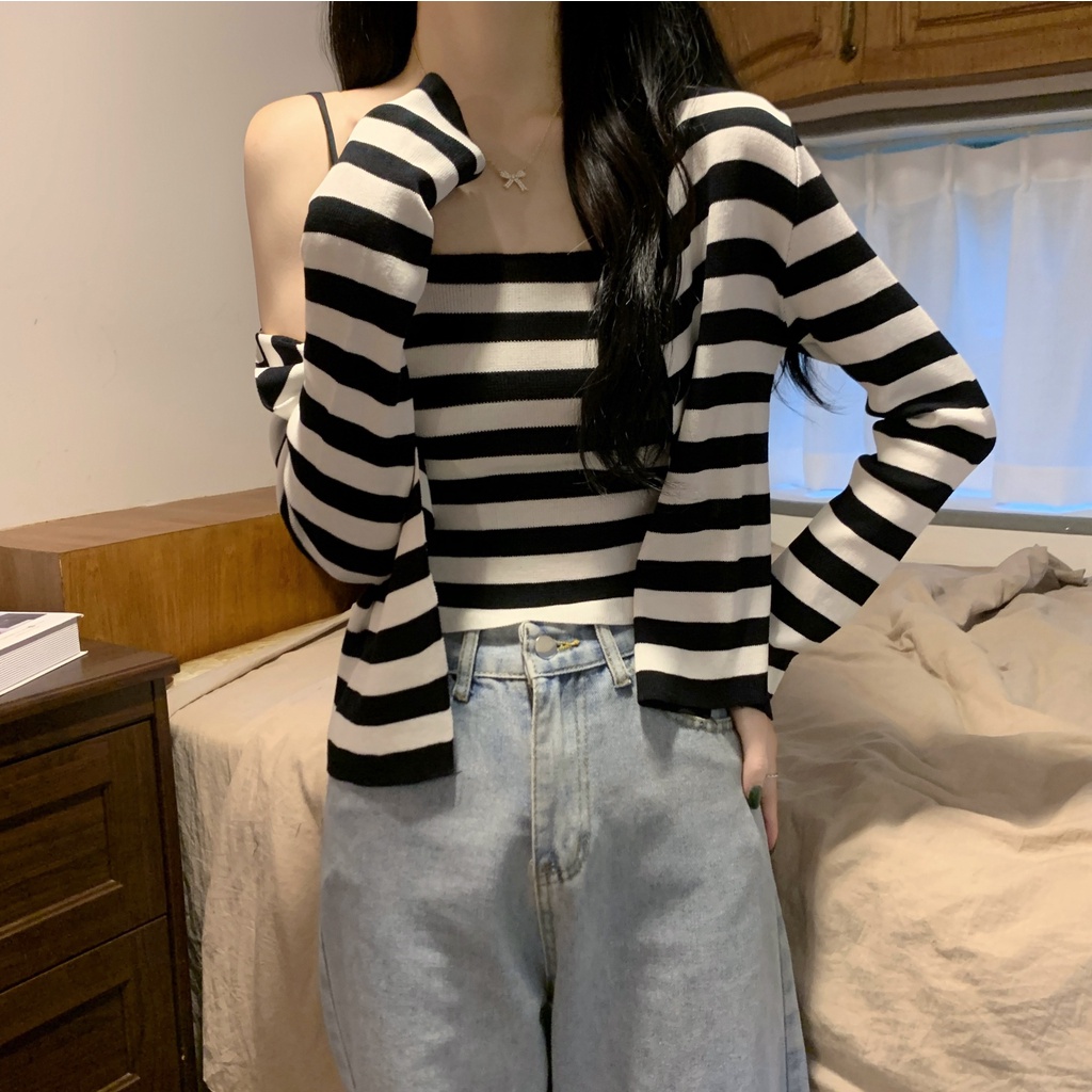 Set 2 món ZHELIHANGFEI áo hai dây + áo khoác cardigan họa tiết kẻ sọc thời trang