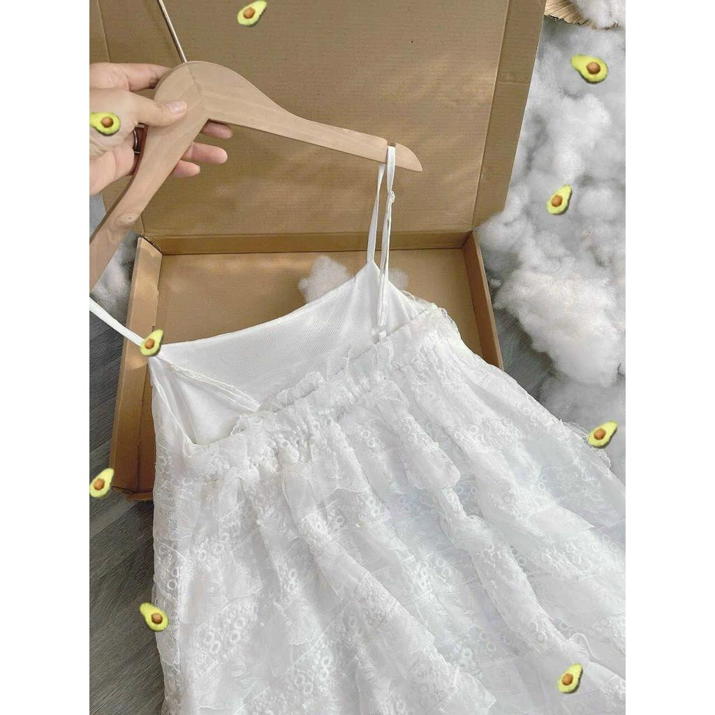 Đầm Váy Yếm Nữ Dự Tiệc Trễ Vai Trắng Tiểu Thư Cổ Yếm Ren Tầng, Váy Đầm Công Chúa Đi Biển 2 Dây Chân Váy Short Dáng Xòe