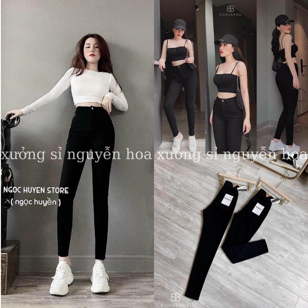 Quần jean bò ôm trơn lưng cao kiểu dáng hàn quốc tôn dáng màu đen dễ phối đồ Xưởng Sỉ Nguyễn hoa