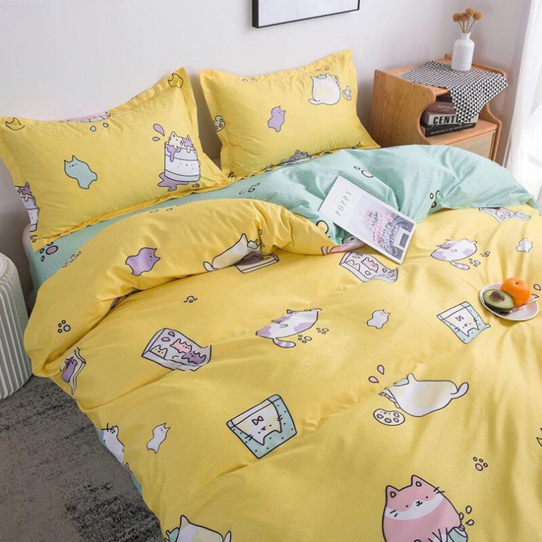 Chăn ga gối cotton poly mèo vàng nhập khẩu bộ 4 món Chăn, ga , 2 vỏ gối Happy Bedding