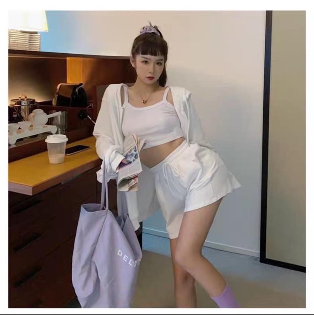 SET THỂ THAO 3 MÓN ( ÁO KHOÁC NỈ MŨ + ÁO 2 DÂY CRT + QUẦN SOOC CHUN ) | BigBuy360 - bigbuy360.vn