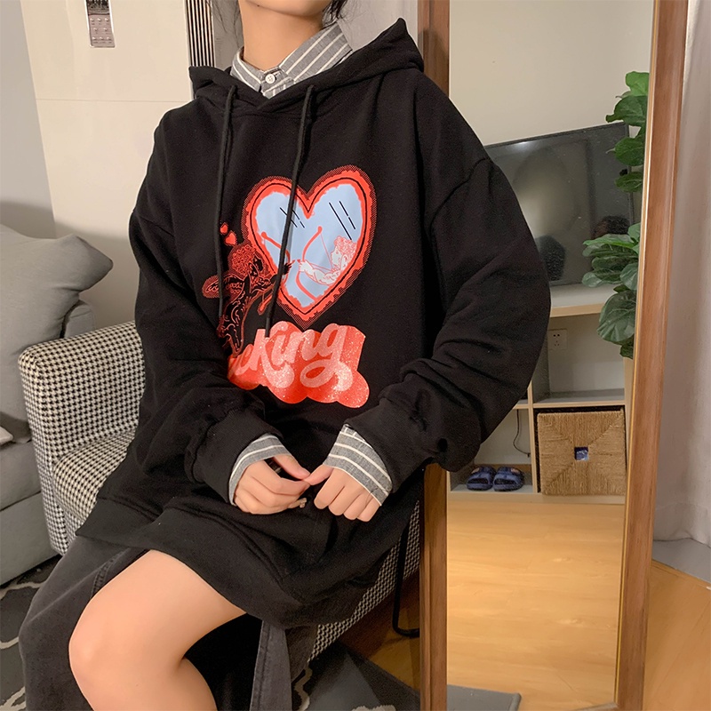 Áo hoodie tay dài form rộng in thiên thần trái tim hoạt hình ngọt ngào phong cách đại học Hàn Quốc mùa thu đông