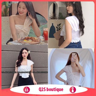 Áo Croptop Trễ Vai Chun Sau Có Mút Ngực - Áo Croptop Kiểu Hở Vai Buộc Dây Nơ Màu Trắng - Hàng Mới