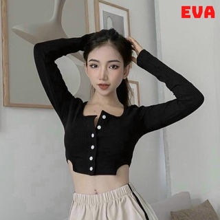 Áo croptop tay dài cổ vuông rt032 eva áo kiểu nữ ôm body phối nút chất thun gân mềm mịn