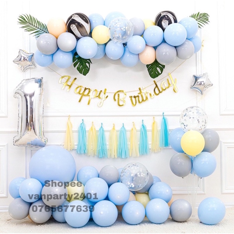 Set bóng trang trí sinh nhật tông màu pastel kèm bóng số tuổi ( Tặng kèm bơm bóng + Keo dán)